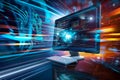 High-speed digital data transfer with computer screen displaying programming code and network activity Royalty Free Stock Photo