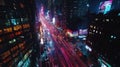 A high-speed drone captures vibrant light trails in a bustling urban environment during nighttime Royalty Free Stock Photo