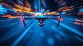 High-speed drone gliding through a vibrant night sky over the city