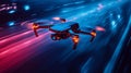 High-speed drone gliding through a vibrant night sky over the city