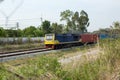 High Speed Electric train. Cargo train platform with freight train container at depot in port use for export logistics background. Royalty Free Stock Photo