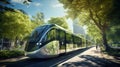 Electric tram gliding gracefully through a tree-lined urban avenue