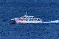 Awaji, Japan - January 16, 2023: Colorfully Painted High Speed Ferry Boat Takes Passengers to Mainland Akashi Port