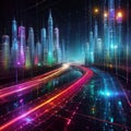 High speed fiber internet data streams leading into populated urban city