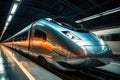 High speed futuristic train rides through a tunnel. Super streamlined train with motion blur moves in tunnel