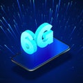 High speed 6G global mobile networks. Business isometric illustration smartphone with internet hologram and text 6g. Modern Royalty Free Stock Photo