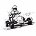 High-speed Go-kart Racer With Helmet - Black And White Ink Sketch Illustration