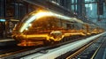 High speed gold train at station and futuristic cityscape sci fi background