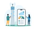 High speed internet signal, fast data download in tiny people, phone screen speedometer