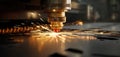 The high-speed laser cutting process creating sparks on metal sheet. AI generated image Royalty Free Stock Photo