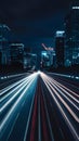High speed lights streak from road in futuristic blue line image
