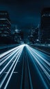 High speed lights streak from road in futuristic blue line image