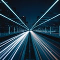 High speed lights streak from road in futuristic blue line image