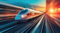 High-Speed Maglev Trains in motion, long exposure shot, futuristic design speeding through vibrant landscapes