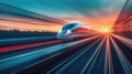 High-Speed Maglev Trains in motion, long exposure shot, futuristic design speeding through vibrant landscapes