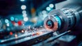 High-speed metal lathe machining a workpiece, with sparks flying in an industrial workshop Royalty Free Stock Photo