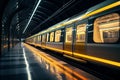 High speed modern train with yellow carriages at metro station Royalty Free Stock Photo