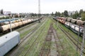 High speed passenger train in motion on railroad at sunset. Blurred commuter train. Royalty Free Stock Photo