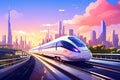 High speed passenger train with skyscrapers of a modern city in the background. Mass transit concept