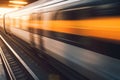 high-speed passing bustling train station, modern public vehicle glides along the rail line