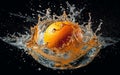 High speed photo of an orange dropped into water - generative Ai illustration