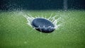 A high-speed photograph captures the dynamic splash of a black disc-shaped object hitting a vibrant green liquid surface Royalty Free Stock Photo