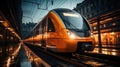 High speed red train with motion blur effect on the railway station at sunset. Landscape. Modern intercity passenger