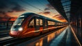 High speed red train with motion blur effect on the railway station at sunset. Landscape. Modern intercity passenger