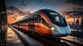 High speed red train with motion blur effect on the railway station at sunset. Landscape. Modern intercity passenger Royalty Free Stock Photo