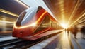 High-speed Red Train in a Train Station with Blurry People - Generative Ai Royalty Free Stock Photo