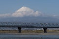 High-speed Shinkansen train over Fuji river with a mesmerizing Fuji mountain on the background