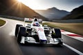 A high-speed shot of a Formula 1 race car rounding a curve on the track