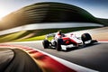 A high-speed shot of a Formula 1 race car rounding a curve on the track