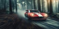 High speed shot of a rally car made from cinematic angle. Fast sports car with speed lines. Generated AI.