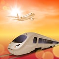 High-speed train and airplane in the sky. Sunset time. Royalty Free Stock Photo