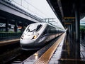 High-Speed Train Arriving at a Station on a Rainy Day Royalty Free Stock Photo