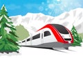 High speed train driving on background of snowy mountains