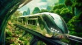 A high-speed train enters a futuristic train station, symbolizing the concept of rail transport infrastructure. City train of the