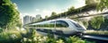 A high-speed train enters a futuristic train station, symbolizing the concept of rail transport infrastructure. City train of the