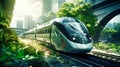 A high-speed train enters a futuristic train station, symbolizing the concept of rail transport infrastructure. City train of the