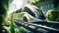 A high-speed train enters a futuristic train station, symbolizing the concept of rail transport infrastructure. City train of the