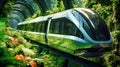 A high-speed train enters a futuristic train station, symbolizing the concept of rail transport infrastructure. City train of the