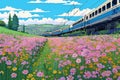 High-speed train in the field of flowers, Digital painting