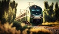 High-speed train in the field at sunset. 3d rendering