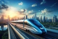 High-speed train on the highway at sunset in Shanghai, China, High-speed train on the road to the modern city, presented in 3D Royalty Free Stock Photo