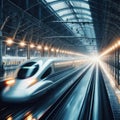 High speed train hurtles through station in rain Royalty Free Stock Photo