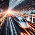 High speed train hurtles through station in rain Royalty Free Stock Photo