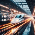 High speed train hurtles through station in rain Royalty Free Stock Photo