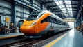 High-speed train inside modern maintenance facility. Advanced railway tech, infrastructure. Brightly lit environment. Train Royalty Free Stock Photo