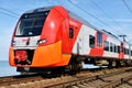 High-speed train Lastochka agains sea beach in Adler, Sochi, Russia 